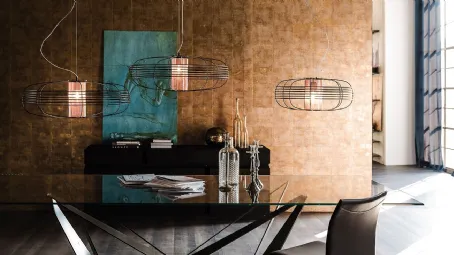 Lampada a sospensione in acciaio con paralume in vetro e rete di rame Galaxy di Cattelan Italia