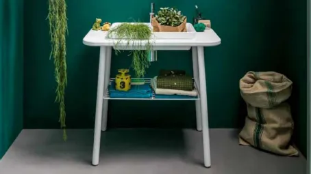 Mobile bagno da appoggio in laccato bianco opaco e top in mineral marmo Acqua e Sapone 01 di Birex