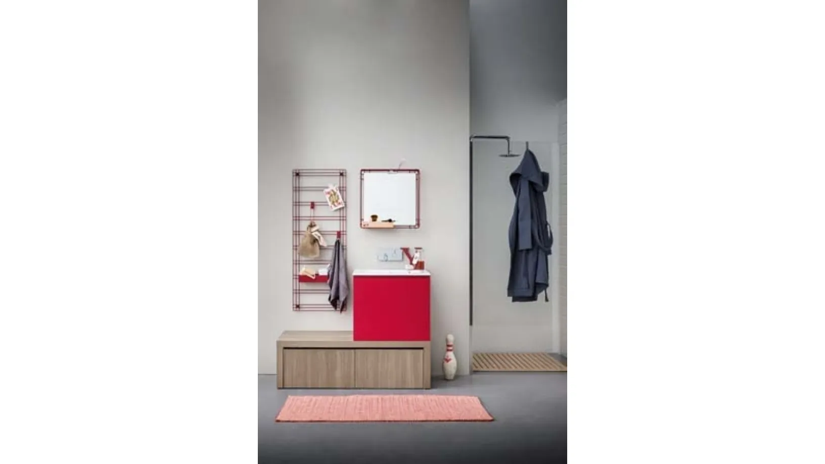 Mobile Bagno da appoggio in melaminico e laccato rosso con top in mineral marmo Acqua e Sapone 04 di Birex