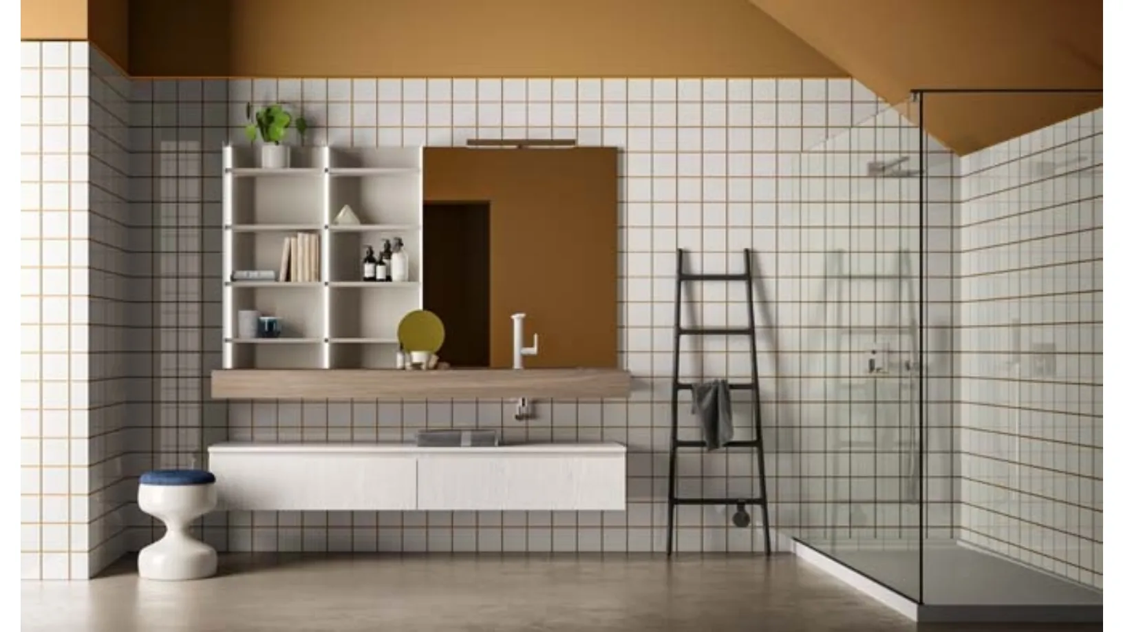 Mobile da Bagno sospeso in melaminico olmo color corda e bianco Lapis 02 di Birex