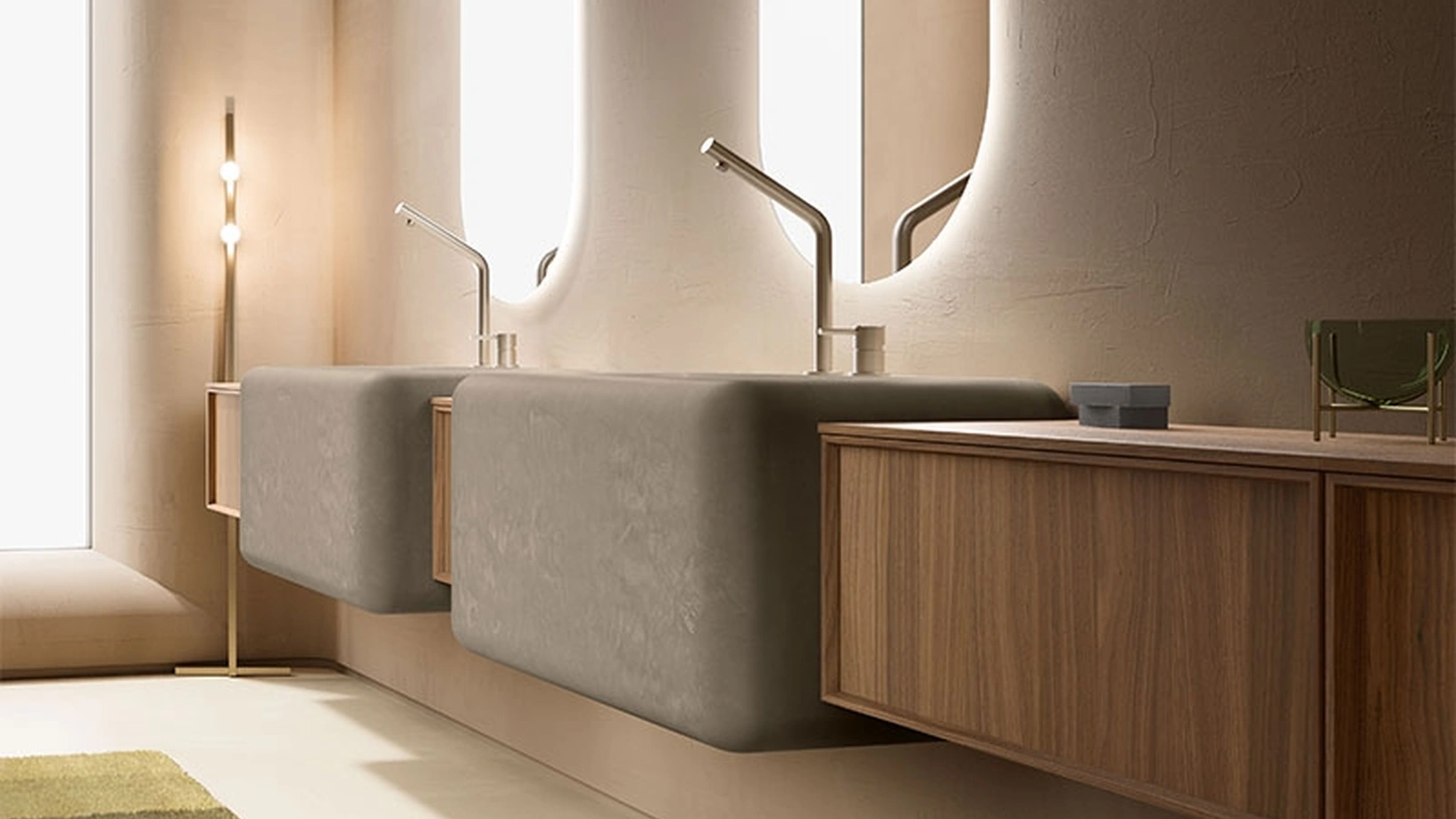 Mobile da Bagno Des Evolution Caramel 02 in Noce Canaletto con lavabi in resina di Cerasa