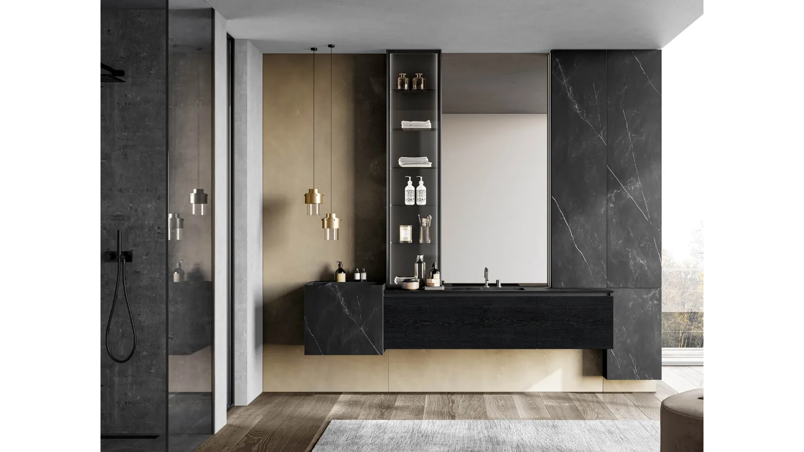 Mobile da Bagno sospeso Facto 08 in essenza rovere carbone e gres di Birex