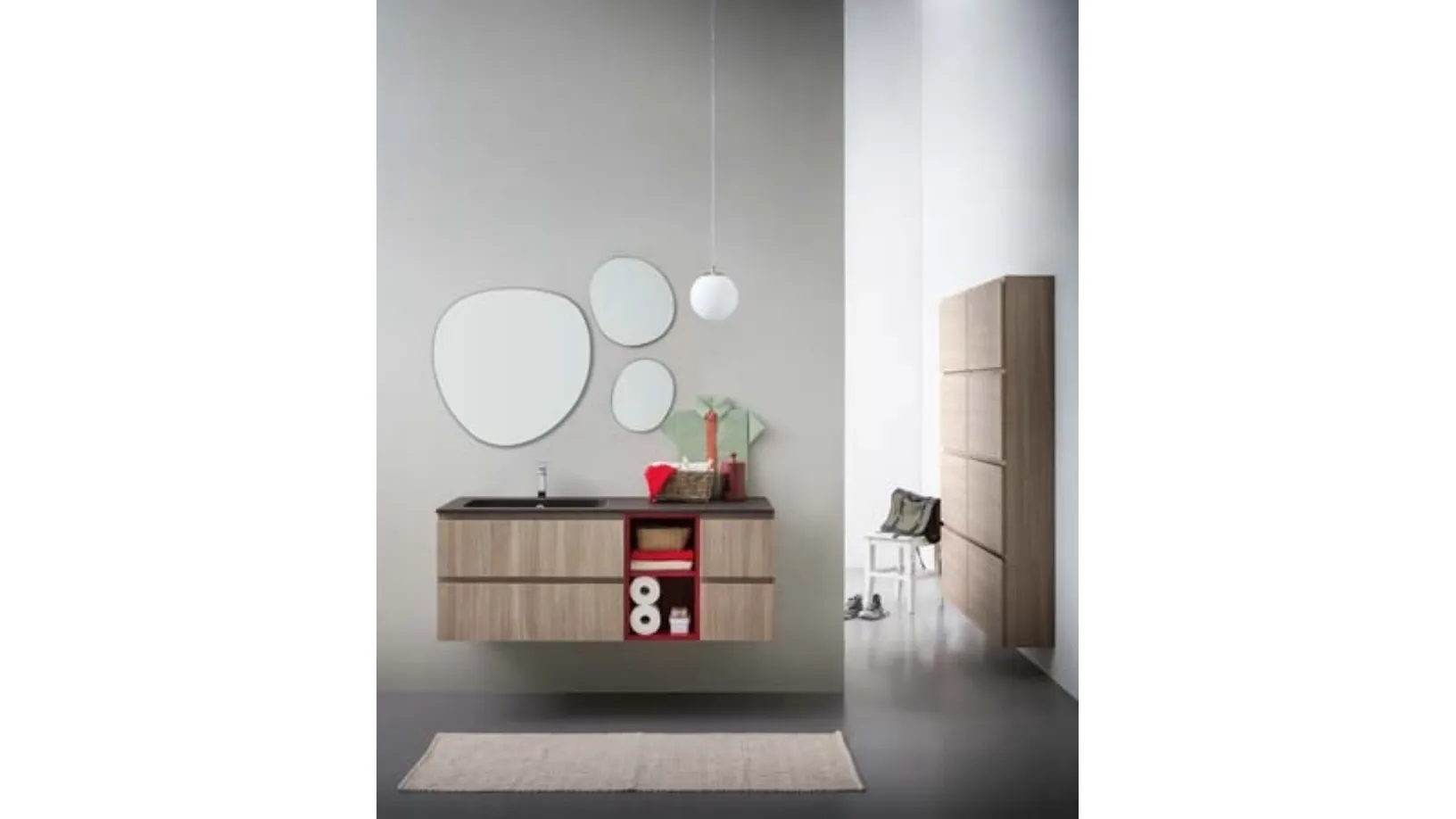 Mobile da Bagno sospeso in melaminico con vano a giorno in laccato rosso e top in mineral marmo Lapis 04 di Birex