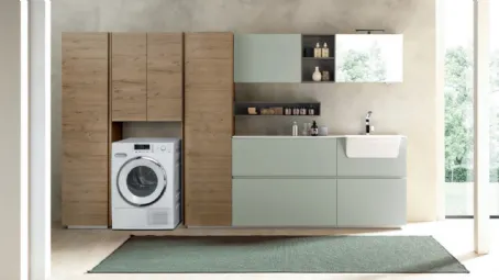 Mobile da Bagno Laundry System C09 in melaminico Rovere e laccato Verde opacodi Baxar