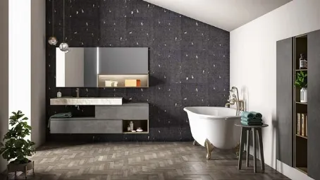 Mobile da bagno sospeso in laccato metallico e rovere con top in gres effetto marmo Memento 03 di Birex