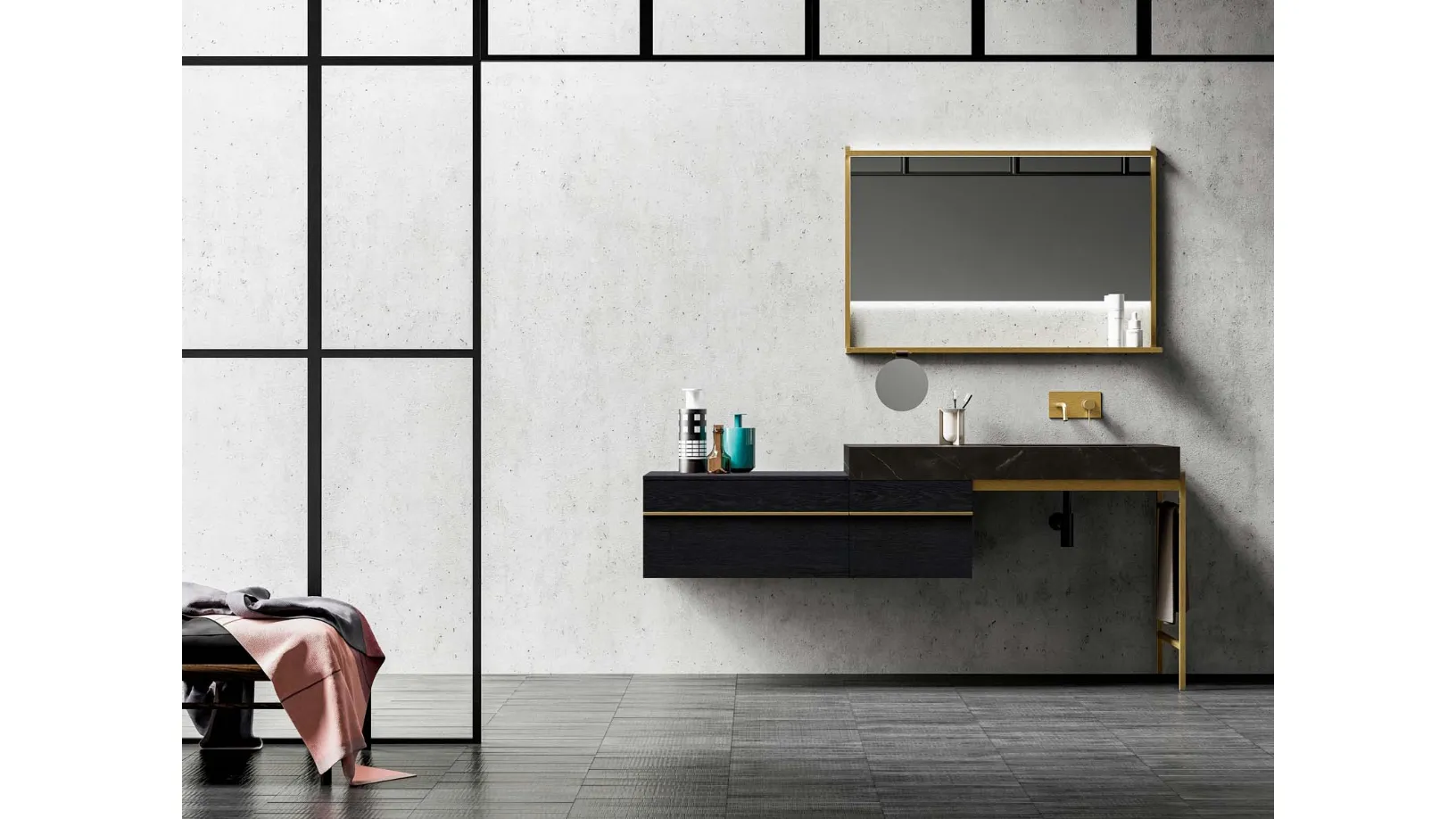 Mobile da Bagno Sidéro 03 in essenza rovere carbone e metallo ottone anticato di Birex