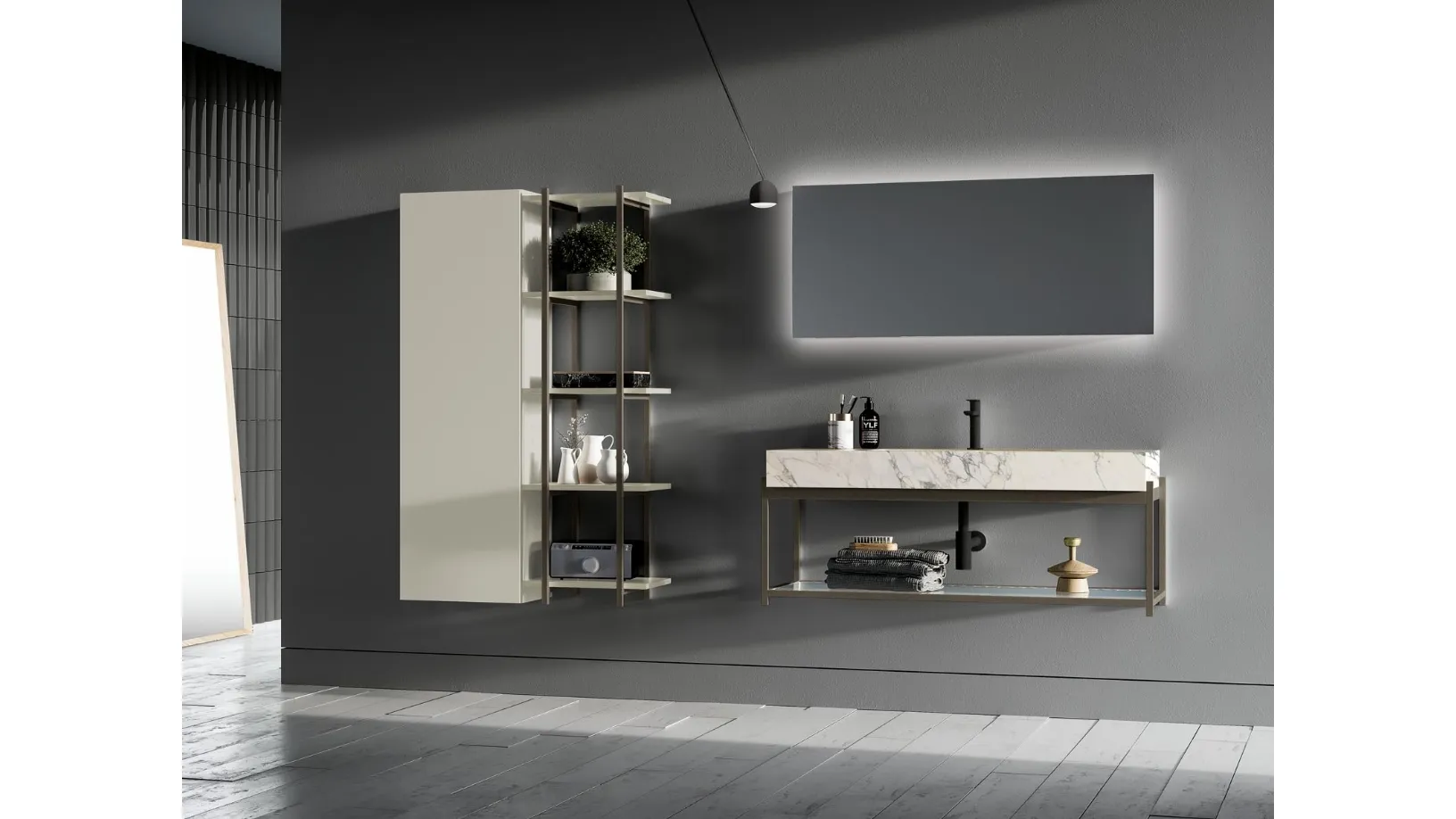 Mobile da Bagno sospeso in HPL laminato rovere e metallo Sidero 02 di Birex