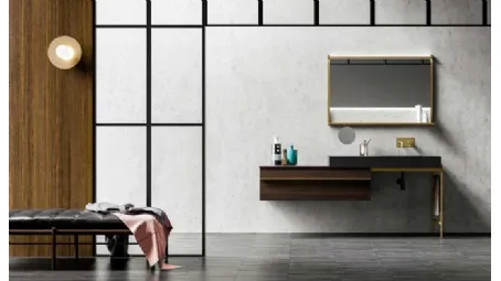 Mobile da Bagno sospeso in rovere e alluminio con top in acciaio Sidero 03 di Birex