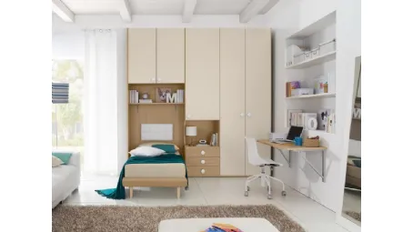 Cameretta con ponte e colonna armadio con letto inserito con caduta rallentata Salvaspazio Basic di Corazzin