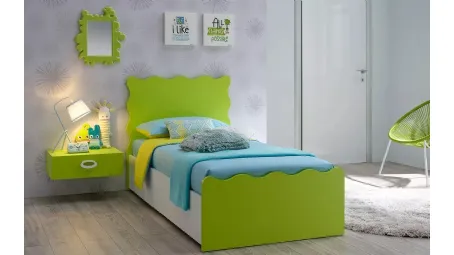 Letto singolo moderno in nobilitato Bianco Luce con testiera e pediera sagomate in laccato Verde Cedro SC109 di Moretti Compact