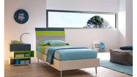 Letto singolo in nobilitato Quarzo con testiera Bend in laccato Pavone, Verde Cedro e  Corda SC113 di Moretti Compact