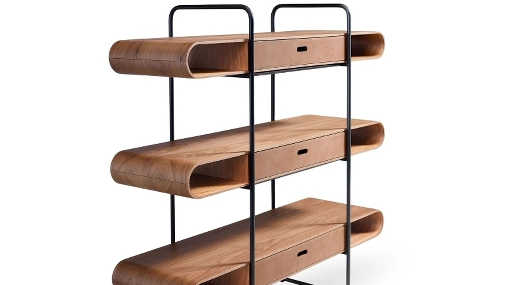 Libreria Apelle in metallo con ripiani in legno e cassetti in cuoio di Midj