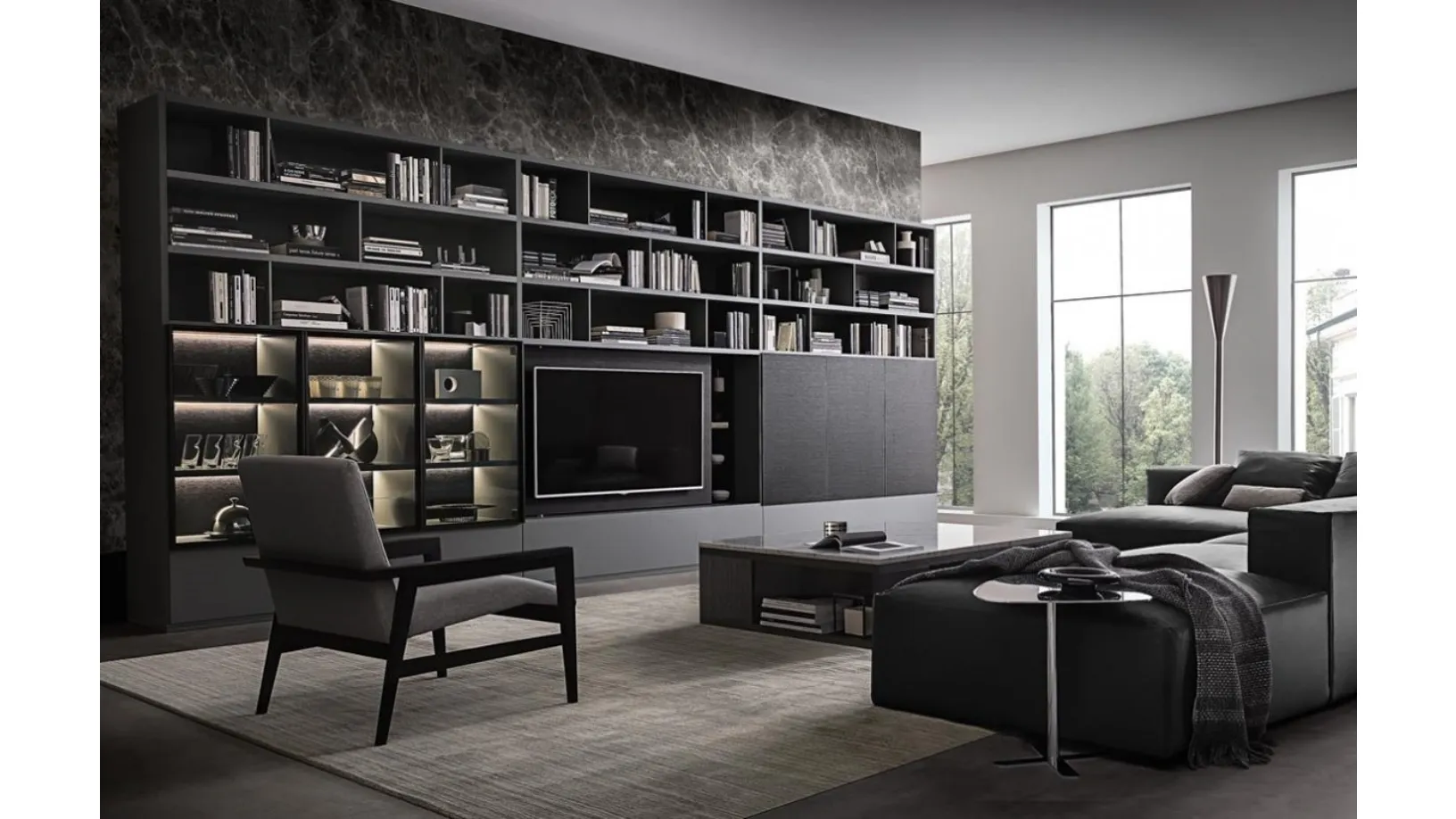 Libreria Flexus composizione 07 in Rovere termocotto e laccato Grigio opaco di Giellesse