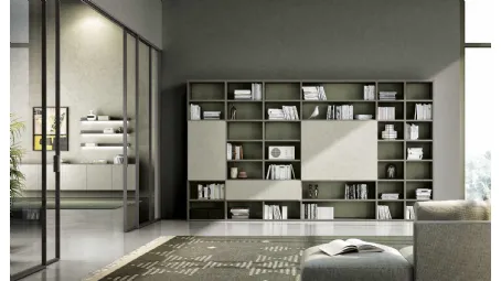 Libreria a muro Living 831 in laccato opaco e fimitura materica di Spagnol Mobili