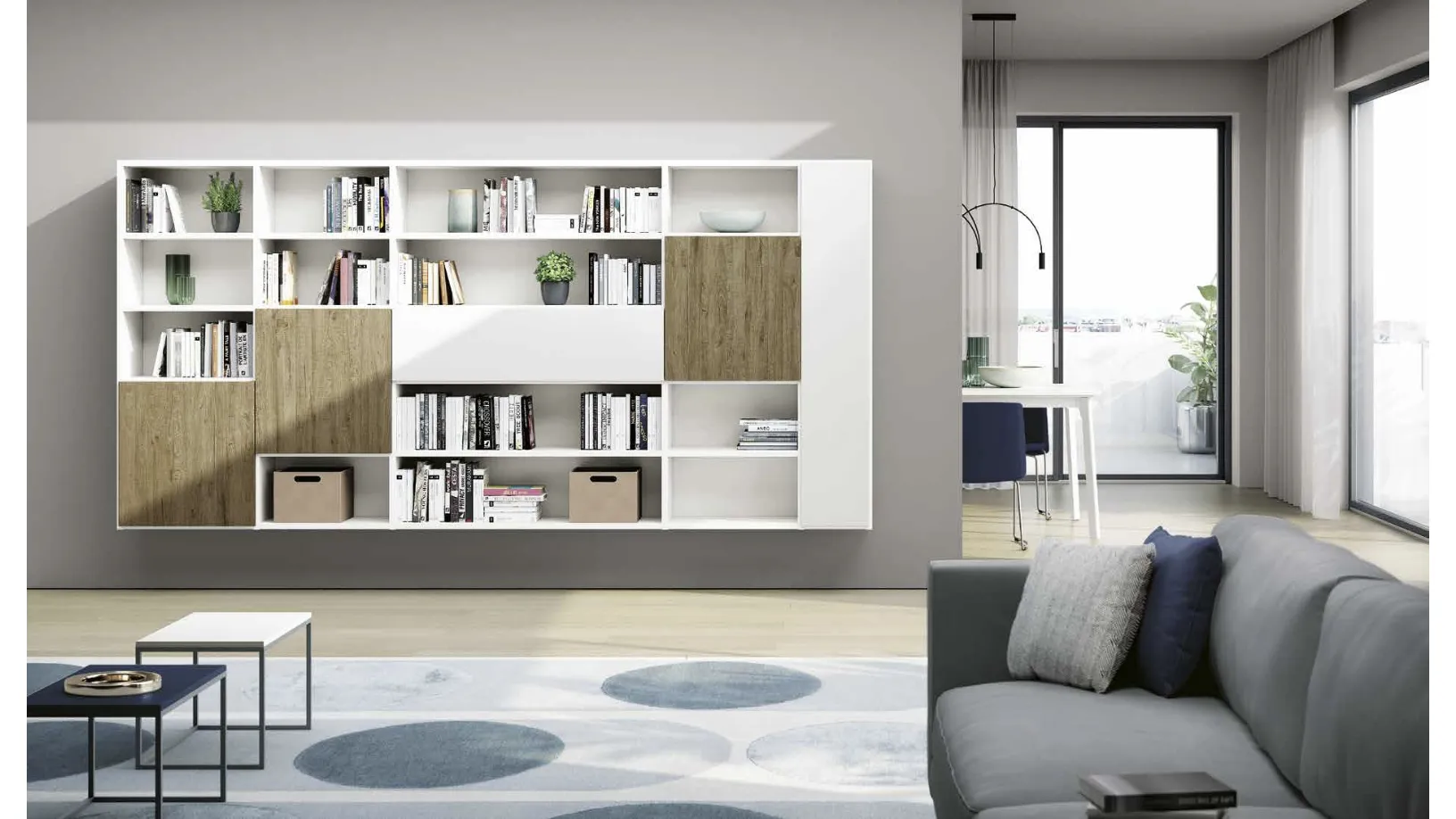 Libreria sospesa Living 845 in laccato Bianco e melaminico Rovere nodato di Spagnol Mobili