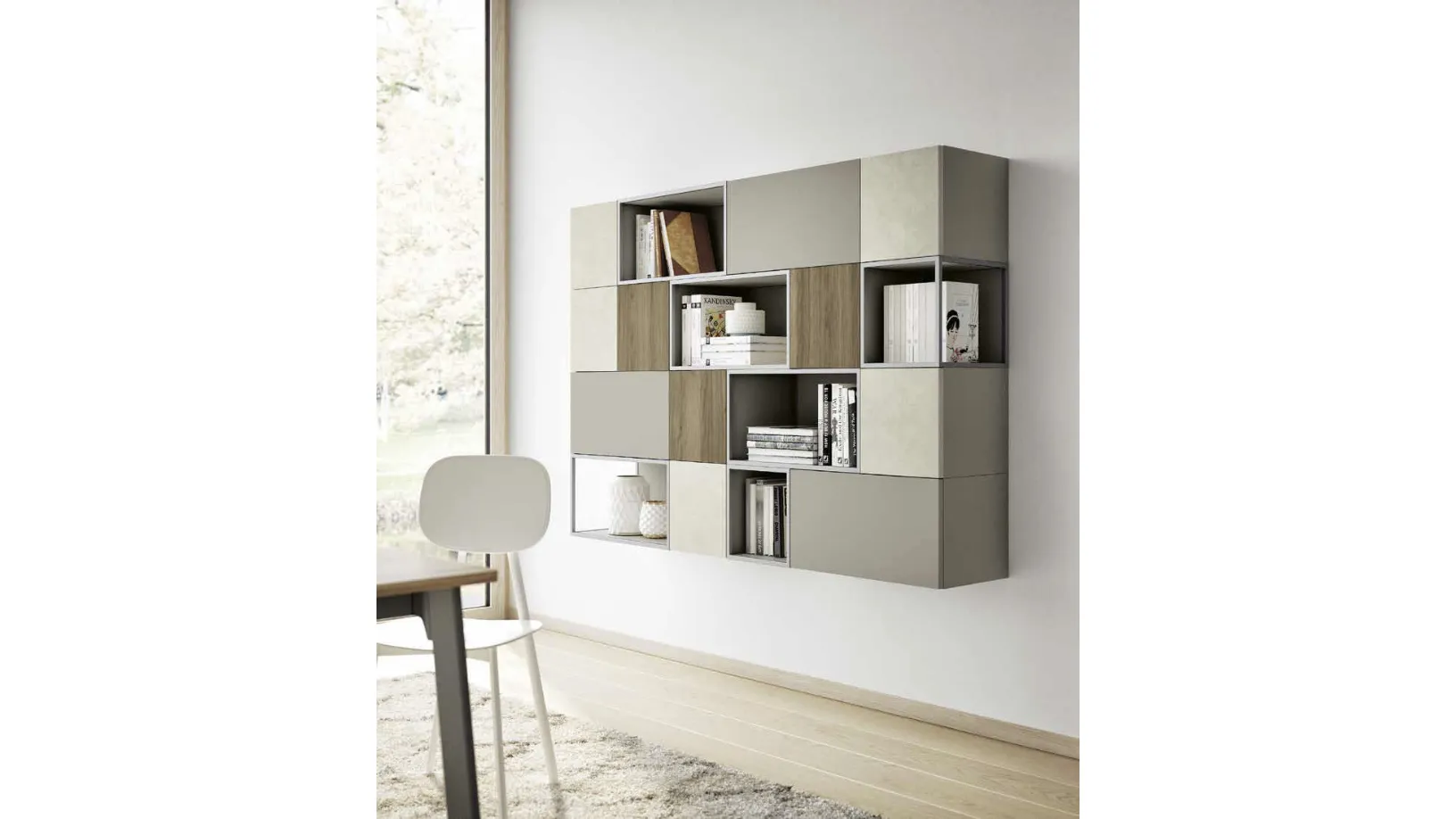 Libreria sospesa Living 856 Nordic in laccato, melaminico Noce e materico Touch Madreperla di Spagnol Mobili