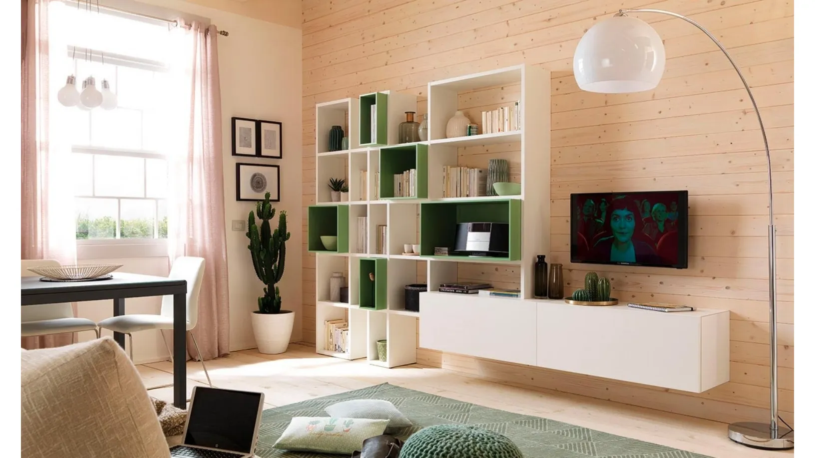 Libreria in melaminico frassino bianco e laccato Flora Outline LV102 Moretti Compact