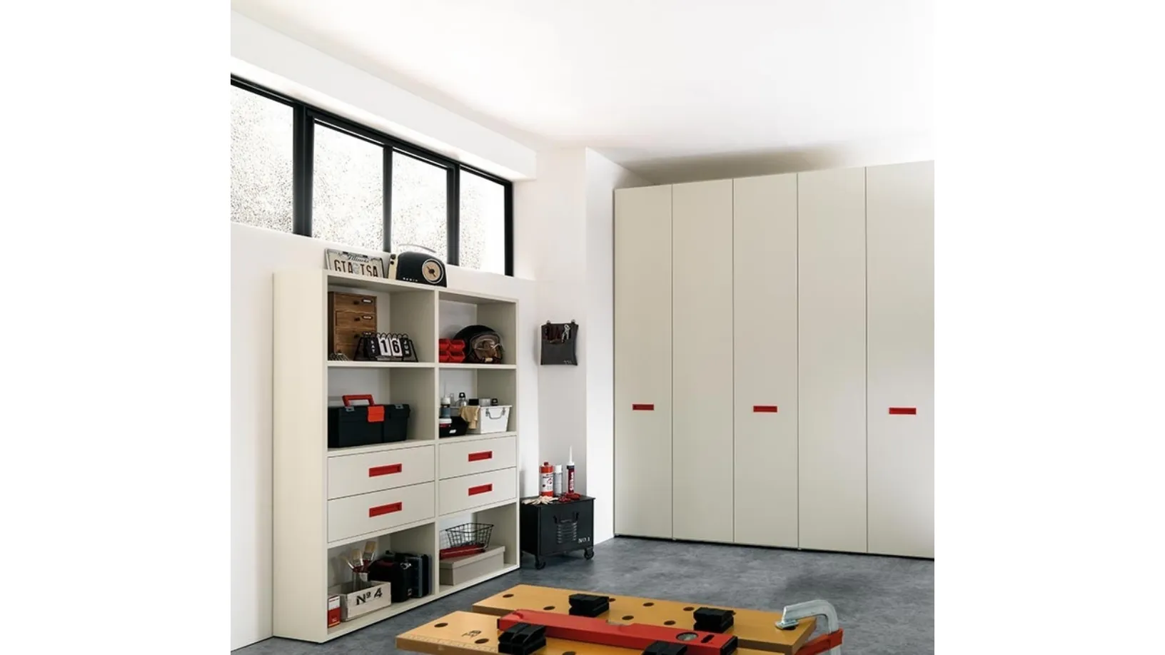 Libreria in melaminico Quarzo con maniglie in laccato Ciliegia NC308 Moretti Compact