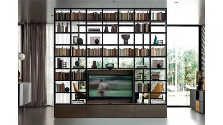 Libreria Spazioteca Laccato Lavagna bifacciale con ante ribalta e pannello girevole porta TV in Rovere Fumo di Pianca