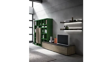 Libreria a muro Speed Up 01 in Rovere Cenere e laccato Verde Foglia di Dall'Agnese