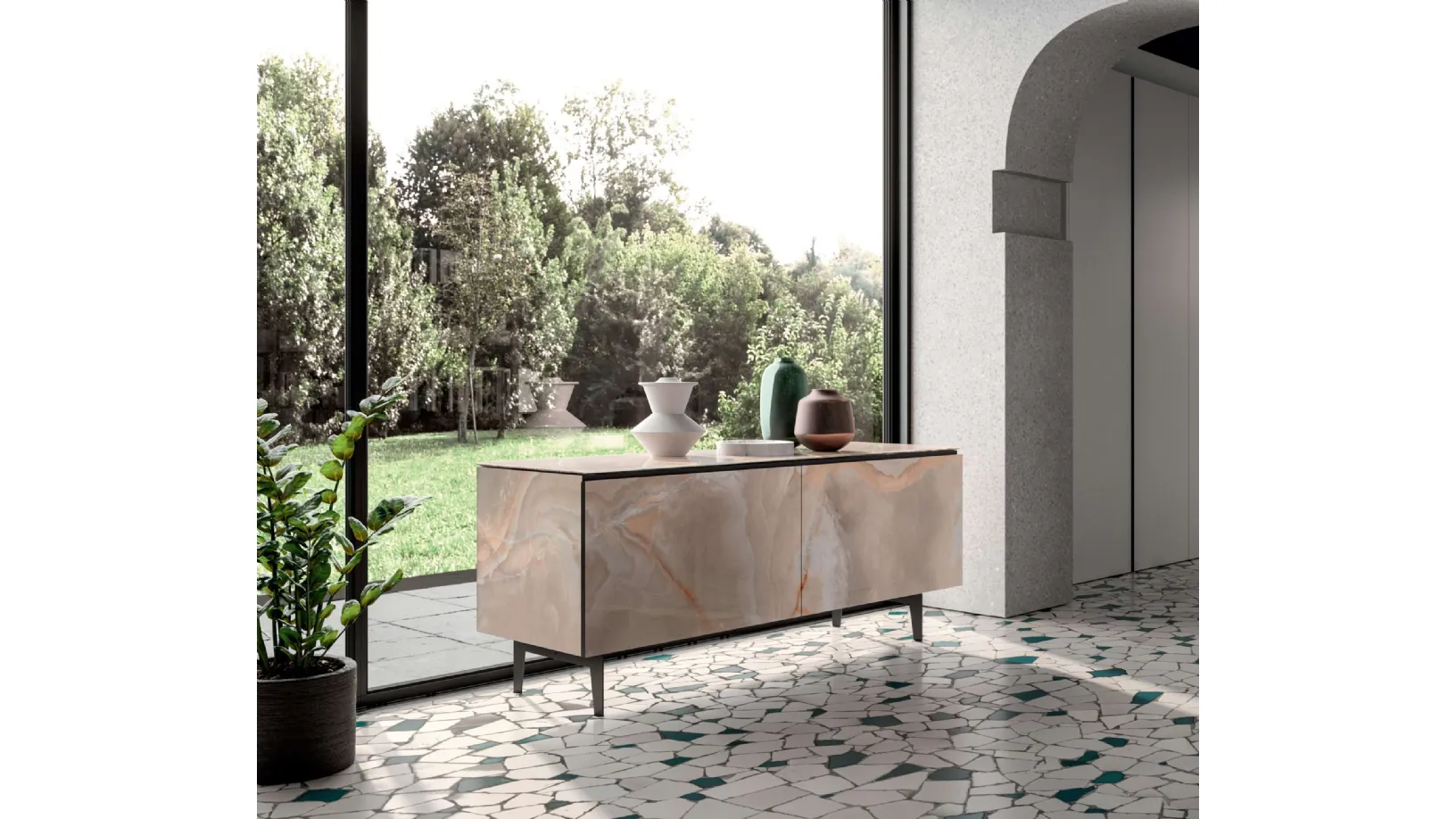 Madia moderna Plana in marble glass Onice lucido di Ozzio