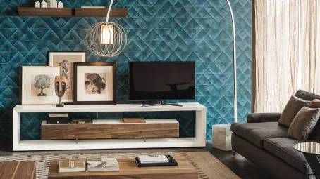 Mobile Porta TV in legno laccato bianco e cassettiera in Noce Canaletto Boxer di Cattelan Italia