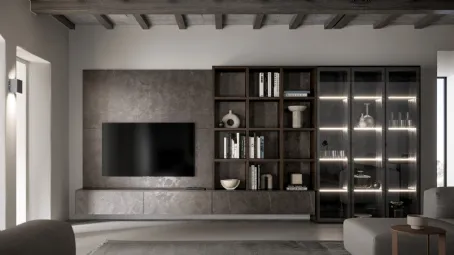 Parete Attrezzata GS308 in melaminico effetto marmo grafite con ante in vetro di SantaLucia