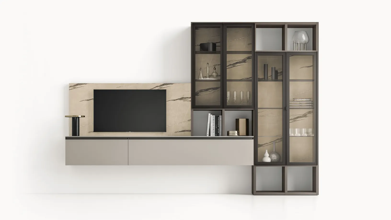 Parete Attrezzata GS309 in laccato opaco con boiserie effetto marmo e ante in vetro di SantaLucia