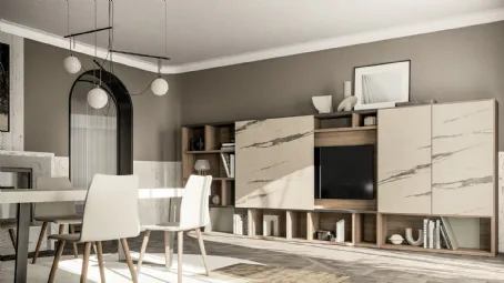 Parete Attrezzata GS310 in finitura matwood coffee e effetto marmo statuario di SantaLucia