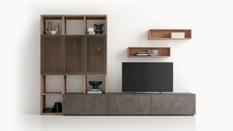 Parete Attrezzata GS313 in melaminico finitura effetto marmo e legno di SantaLucia