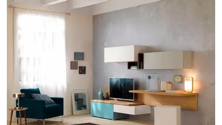 Parete Attrezzata moderna in essenza legno d'olmo abbinata al laccato dei wallbox LV107 Moretti Compact