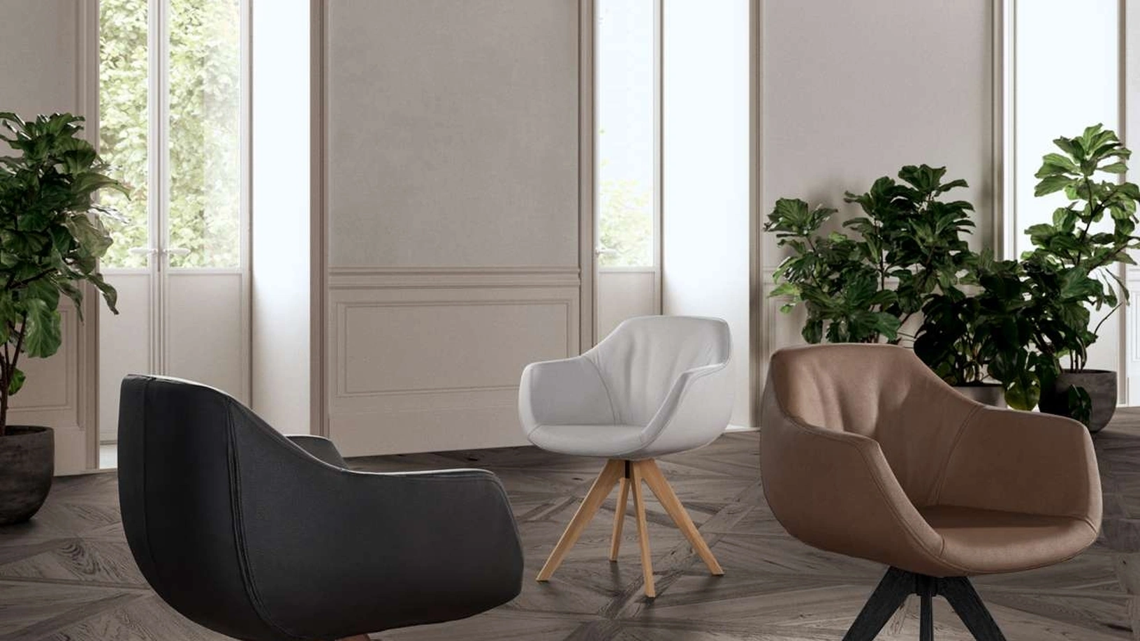 Sedia moderna con braccioli rivestita in pelle con base in legno Delia di Ozzio