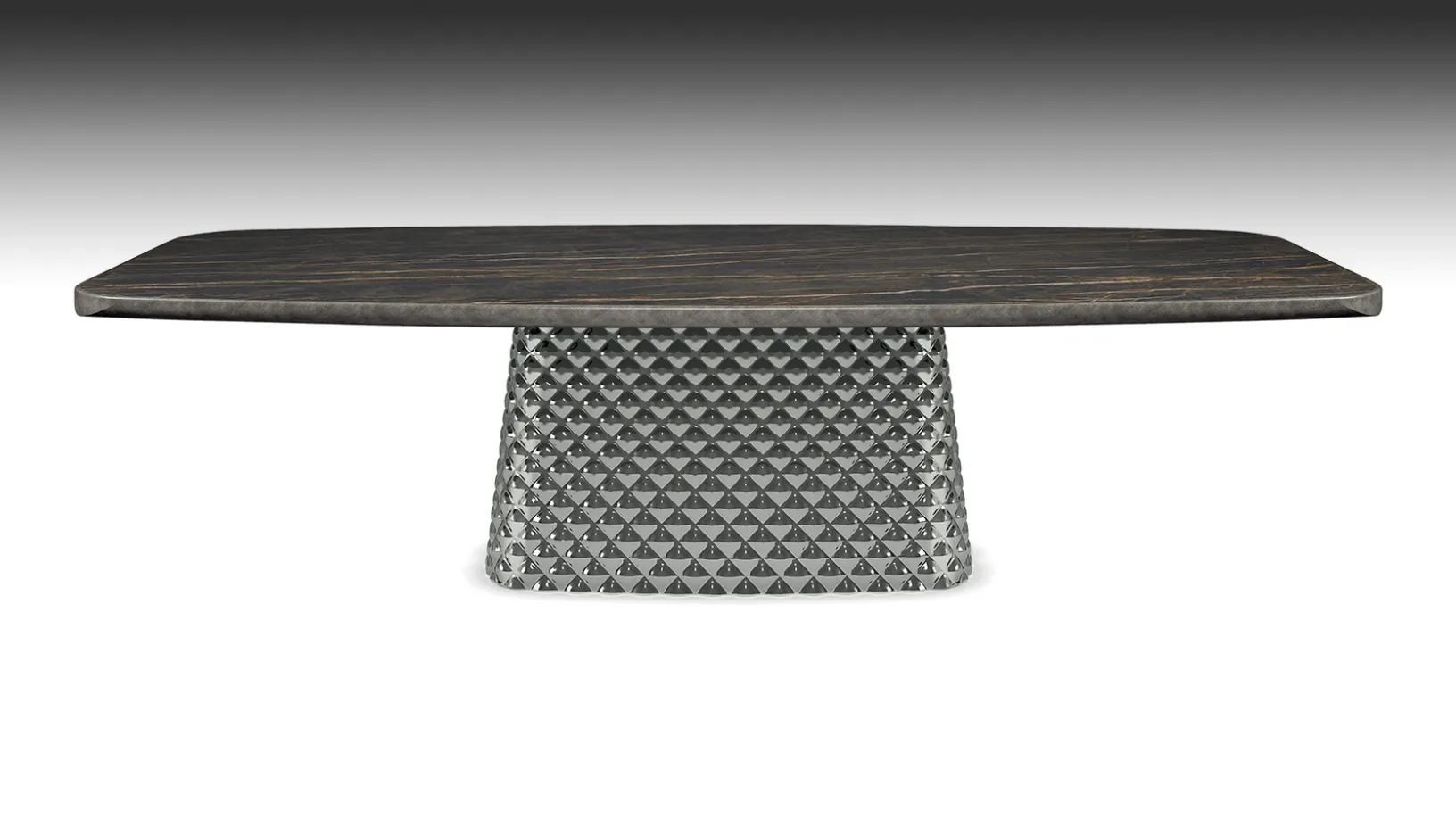 Tavolo con base in cristallo specchiato fumè e piano in ceramica Atrium Keramik Premium di Cattelan Italia