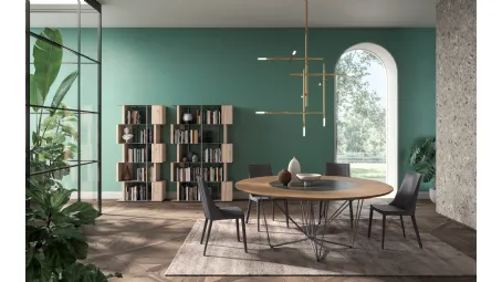 Tavolo rotondo in rovere con vassoio girevole in ceramica incassato nel piano e base in tondino di metallo Grant di Ozzio